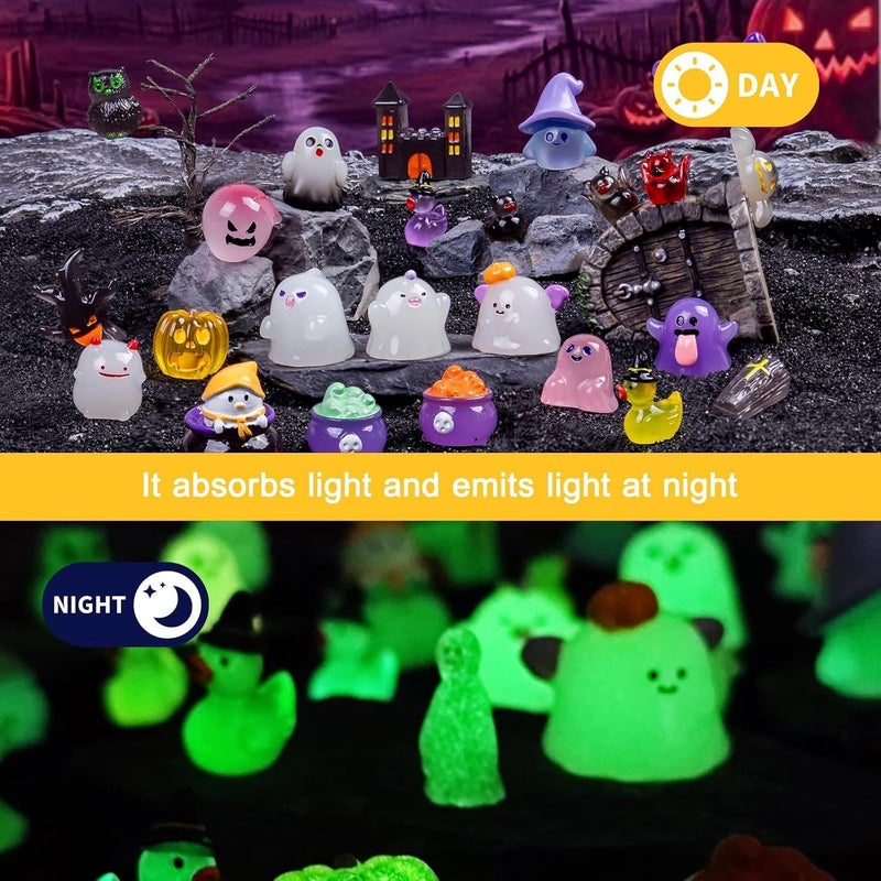 Nerfcareani Dsooldre 50pcs Luminous Halloween Mini Resin Statue for Crafts Luminous Miniature Figures Hide Pumpkin Ghost Miniature Figures Bulk Halloween Party Favors Desktop (SXL-SSSZ-WSJ-50PC) - Image 2